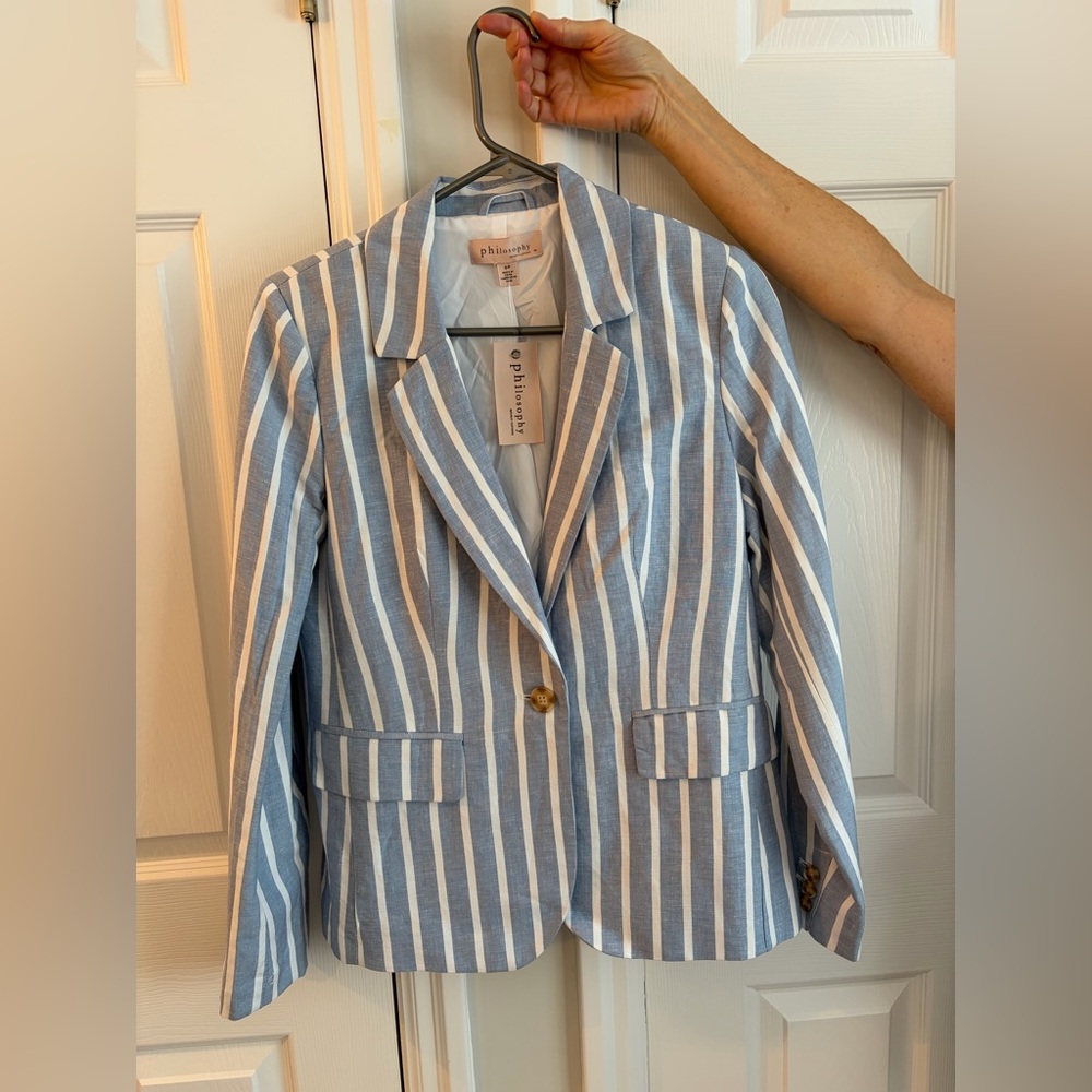 Blue and White Women’s Vertical Stripe Blazer